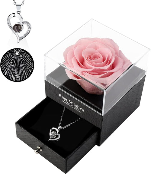 Birthday Gifts for Women,Christmas Flowers Gift for Women,Romantic Gift for Her,Preserved Real Rose with Necklace,Pink Fresh Rose in a Box,I Love You Gifts for Her